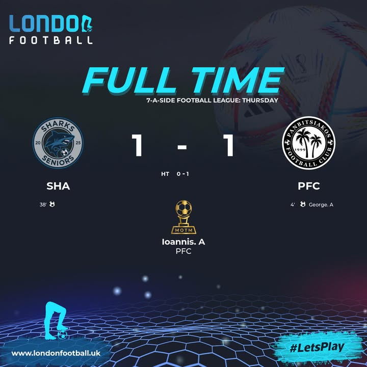 7-a-side Football League: Thursday
Full Time:
Sharks Seniors 1 - 1 Panbitsiakos...
